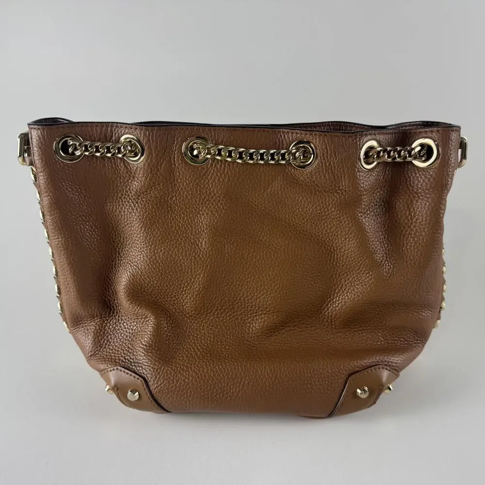 Michael Kors Alamis Bucket Bag Womens Medium Brown Leather Chain Strap Purse